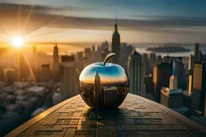 an apple sitting on top of a table with a city in the background. AI-Generated photo