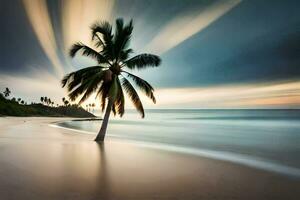 a long exposure photograph of a palm tree on a beach. AI-Generated photo