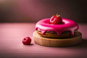 a pink doughnut with a raspberry on top. AI-Generated photo