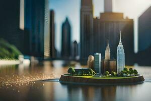 a miniature city is sitting on top of a small island. AI-Generated photo