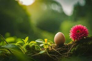 photo wallpaper nature, flowers, grass, green, spring, flowers, egg, spring, nature. AI-Generated