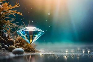 a diamond is shown in the water with rocks and seaweed. AI-Generated photo