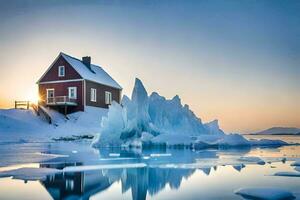 a house sits on top of an iceberg in the middle of the ocean. AI-Generated photo