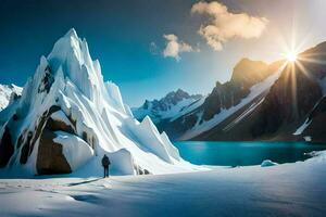 un hombre soportes en frente de un montaña con nieve. generado por ai foto