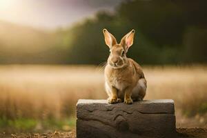 a rabbit sitting on a rock in a field. AI-Generated photo