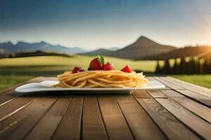 un plato de espaguetis con fresas en un de madera mesa. generado por ai foto