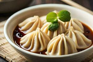 dumplings in a bowl with sauce and chopsticks. AI-Generated photo