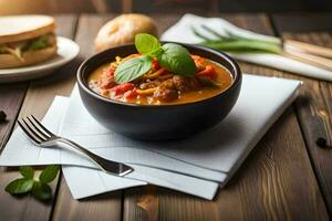 a bowl of soup with vegetables and bread on a wooden table. AI-Generated photo