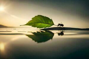 a leaf is sitting on the water with a bug. AI-Generated photo