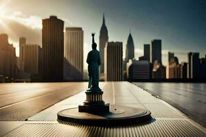 the statue of liberty is standing on a pedestal in front of the city. AI-Generated photo