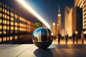 an apple sitting on a table with a city in the background. AI-Generated photo