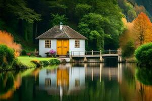 a small house sits on the side of a river. AI-Generated photo