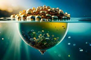 golden balls floating in the water. AI-Generated photo