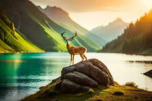 the deer is standing on the rock in front of the lake. AI-Generated photo