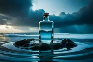 a bottle of water sits on the beach with a storm in the background. AI-Generated photo