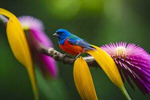 a colorful bird sits on a branch with purple flowers. AI-Generated photo