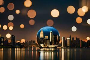 the city lights are reflected in a sphere. AI-Generated photo