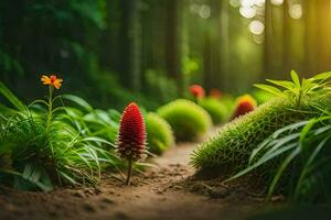 a path through the forest with a red flower. AI-Generated photo