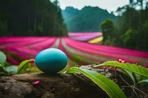 a blue egg sitting on a rock in front of a field of flowers. AI-Generated photo