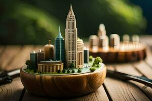 a wooden model of a city on a table. AI-Generated photo