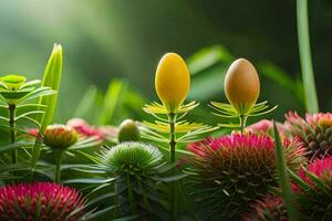 a group of flowers with yellow and pink flowers. AI-Generated photo