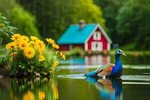 a peacock is floating in the water near a house. AI-Generated photo