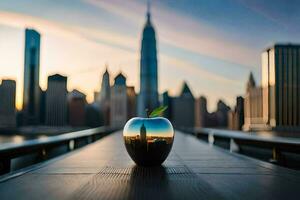 an apple sitting on a table in front of a city skyline. AI-Generated photo