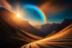 un arco iris es visto en el cielo encima un montaña rango. generado por ai foto