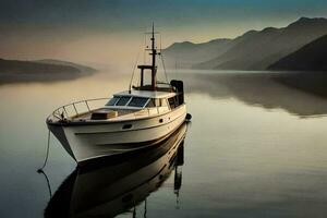 a boat is docked in the water near mountains. AI-Generated photo