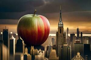 an apple is sitting on top of a cityscape. AI-Generated photo