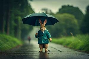 a rabbit wearing a raincoat and holding an umbrella. AI-Generated photo