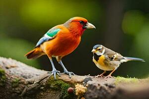 un vistoso pájaro se sienta en un rama siguiente a un pequeño pájaro. generado por ai foto