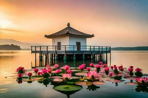 the lotus pond at sunrise. AI-Generated photo