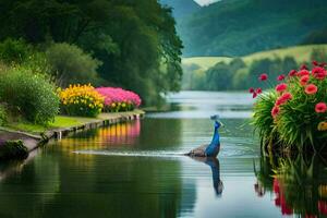 un pavo real nada en un lago rodeado por flores generado por ai foto