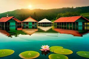 water huts and a lotus flower in the water. AI-Generated photo