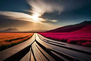 a wooden boardwalk leads to a pink field. AI-Generated photo