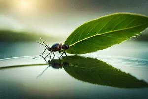 a bug on a leaf with water and a sun in the background. AI-Generated photo