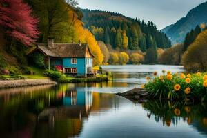 a blue house sits on the side of a lake. AI-Generated photo
