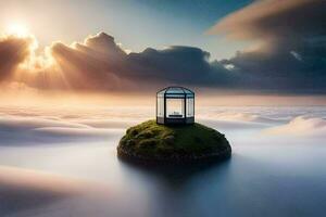a small house on top of a rock in the middle of the ocean. AI-Generated photo