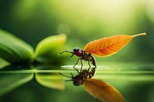 a leaf insect is standing on the water with a leaf. AI-Generated photo