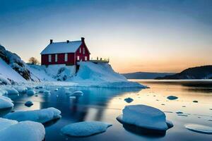 un rojo casa se sienta en el apuntalar de un congelado lago. generado por ai foto