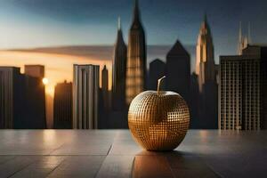 golden apple in front of a city skyline. AI-Generated photo