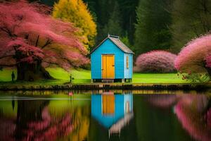 a blue house sits on the edge of a lake. AI-Generated photo