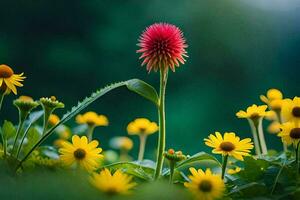 a red flower is standing out in the middle of a field of yellow flowers. AI-Generated photo