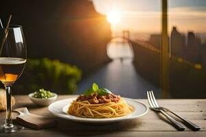 spaghetti and wine on the table. AI-Generated photo
