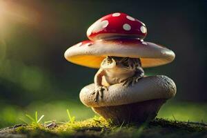 a frog sits on top of a mushroom. AI-Generated photo