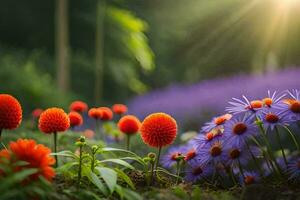 photo wallpaper the sun, flowers, the garden, the sun, purple, flowers, the garden. AI-Generated