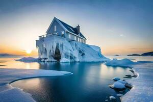 un casa en un iceberg en el medio de el océano. generado por ai foto