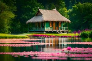 un pequeño choza se sienta en el borde de un lago rodeado por rosado loto flores generado por ai foto