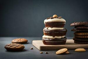 a cupcake with chocolate frosting and cookies on a cutting board. AI-Generated photo